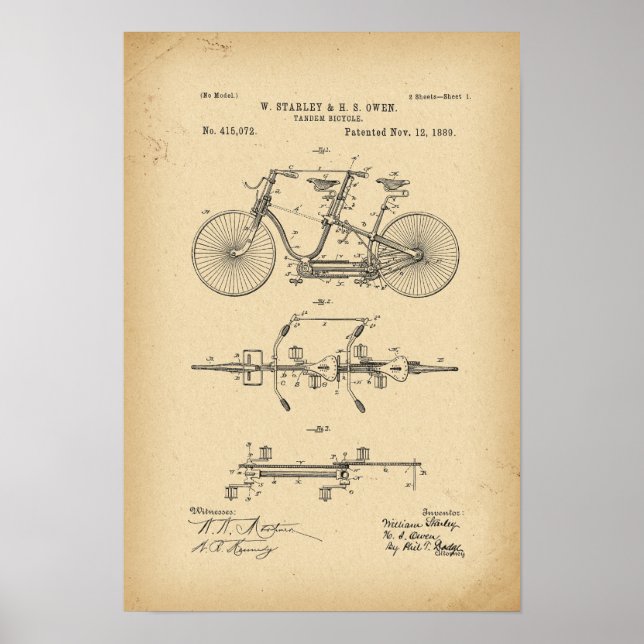 1889 Patent tandem Bicycle Poster (Front)