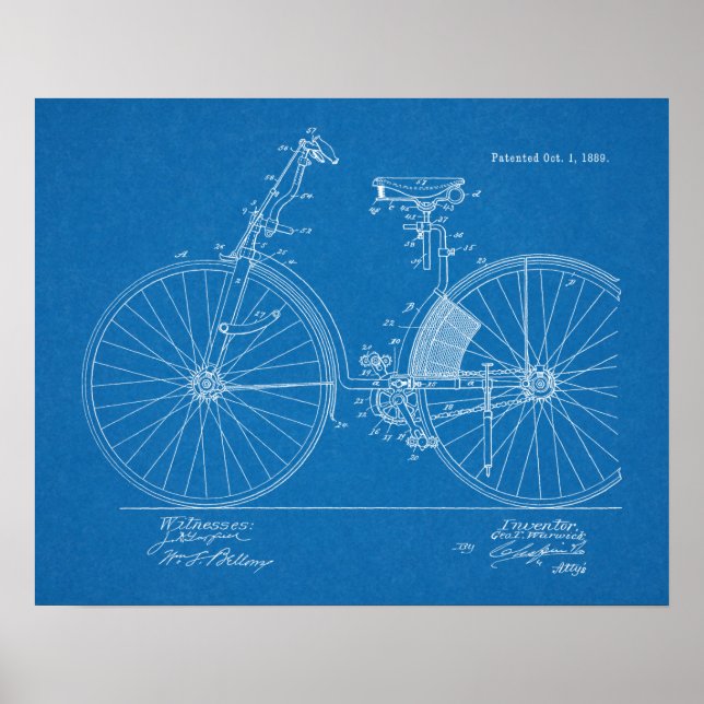 1889 Vintage Bicycle Patent Blueprint Art Print (Front)