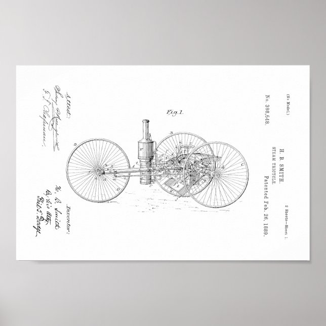 1889 Vintage Steam Tricycle Patent Art Print (Front)