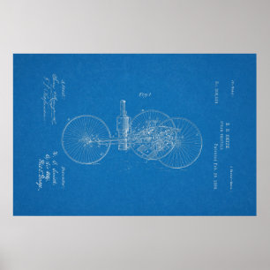 1889 Vintage Steam Tricycle Patent Blueprint Art Poster