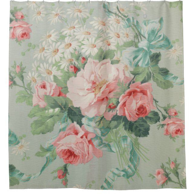 1890 British Vintage Fabric Roses & Daisies  Shower Curtain (Front)