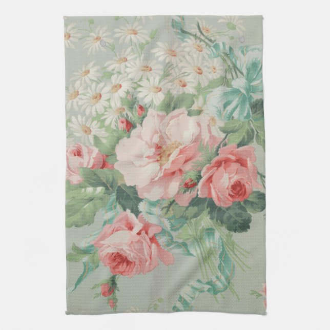 1890 British Vintage Fabric Roses & Daisies  Tea Towel (Vertical)