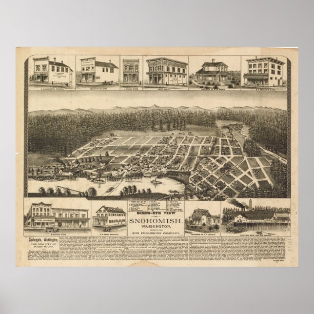1890 Snohomish, WA Birds Eye View Panoramic Map Poster (Front)