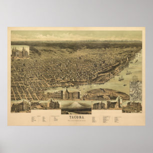 1890 Tacoma, WA Birds Eye View Panoramic Map Poster
