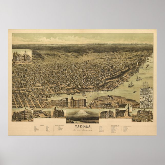 1890 Tacoma, WA Birds Eye View Panoramic Map Poster (Front)