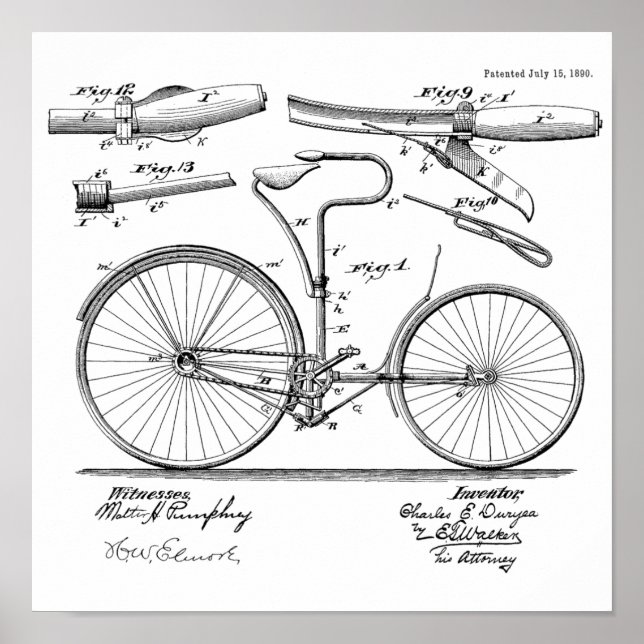 1890 Vintage Bicycle Brake Design Patent Art Print (Front)
