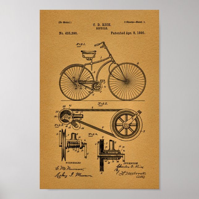 1890 Vintage Bicycle Gears Patent Art Print (Front)