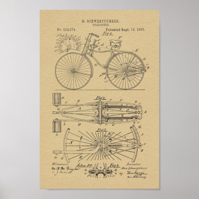 1890 Vintage Bicycle Lever Design Patent Art Print (Front)