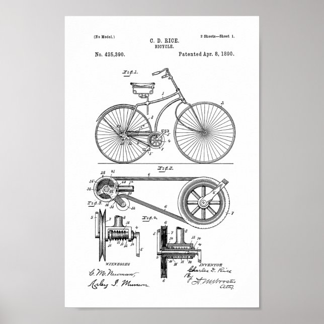 1890 Vintage Bicycle Patent Print (Front)