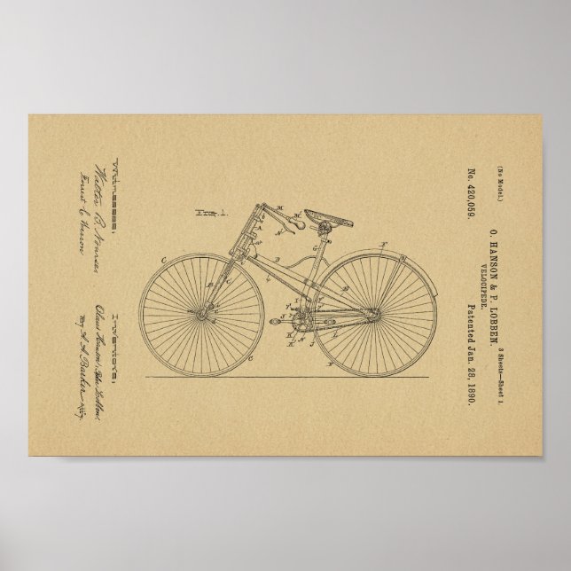 1890 Vintage Bicycle Velocipede Patent Art Print (Front)