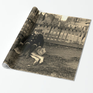 1890's Boy Sitting on St Bernard Dog Photograph Wrapping Paper