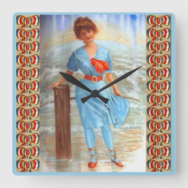 1890s Victorian lady on the beach Square Wall Clock (Front)