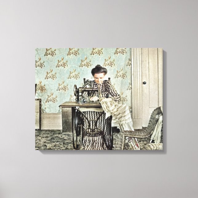 1890's Woman at Sewing Machine Photo Tinted Canvas Print (Front)
