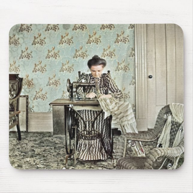 1890's Woman at Sewing Machine Photo Tinted Mouse Mat (Front)