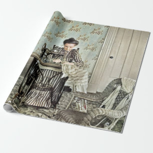 1890's Woman at Sewing Machine Photo Tinted Wrapping Paper