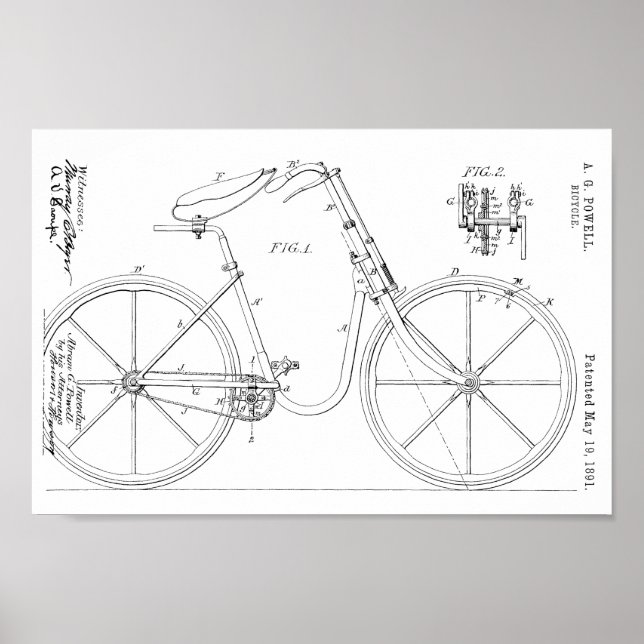 1891 Bicycle Patent Art Drawing Print (Front)