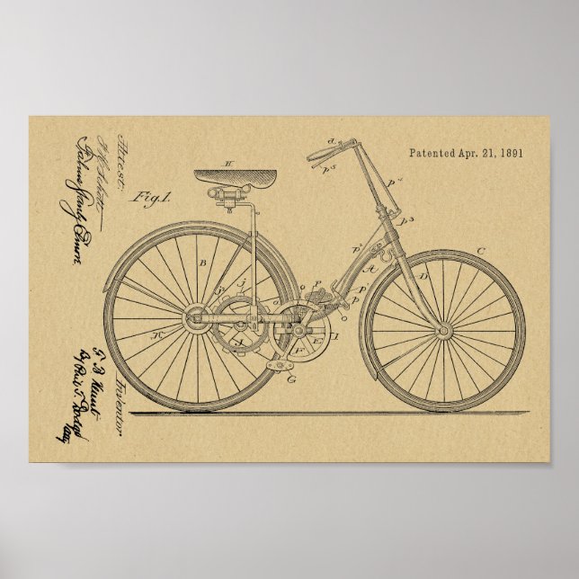 1891 Chainless Bicycle Design Patent Art Print (Front)