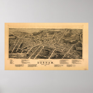 1891 Durham, NC Birds Eye View Panoramic Map Poster