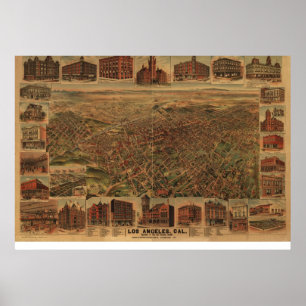 1891 Los Angeles CA Birds Eye Panoramic Map Poster