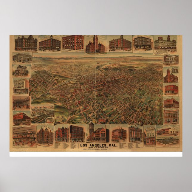 1891 Los Angeles CA Birds Eye Panoramic Map Poster (Front)