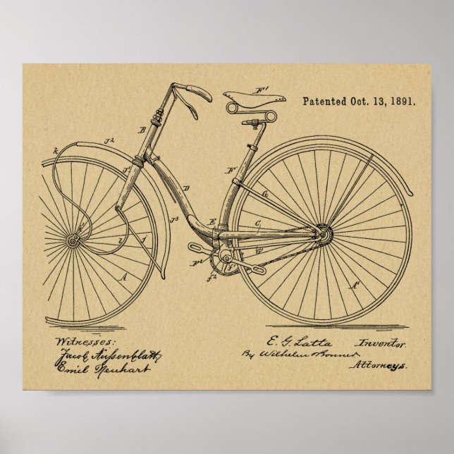 1891 Vintage Bicycle Design Patent Art Print (Front)
