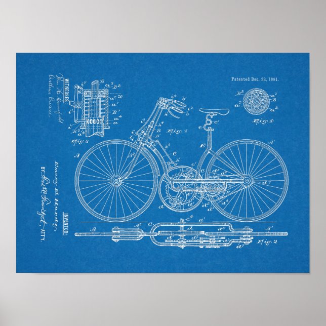 1891 Vintage Bicycle Gear Design Patent Art Print (Front)