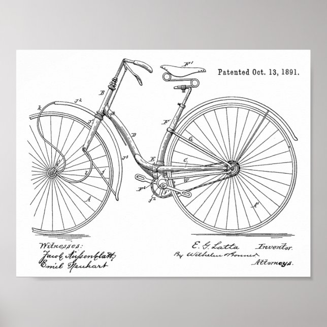 1891 Vintage Bicycle Patent Art Print (Front)