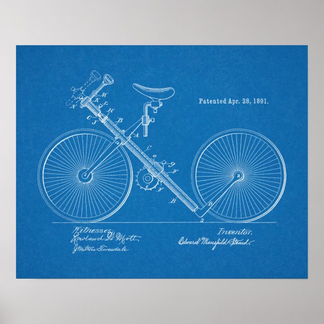 1891 Vintage Bicycle Patent Blueprint Art Print (Front)