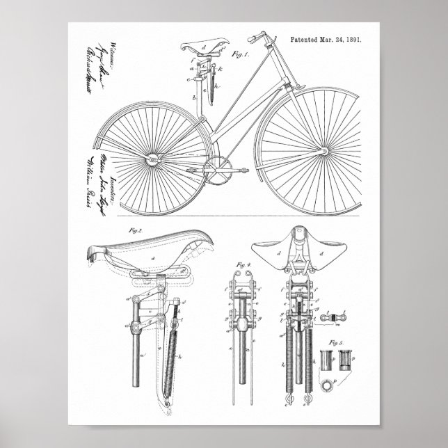1891 Vintage Bicycle Seat Design Patent Art Print (Front)
