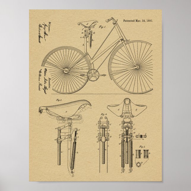 1891 Vintage Bicycle Seat Design Patent Art Print (Front)