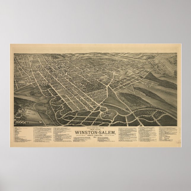 1891 Winston Salem NC Birds Eye View Panoramic Map Poster (Front)