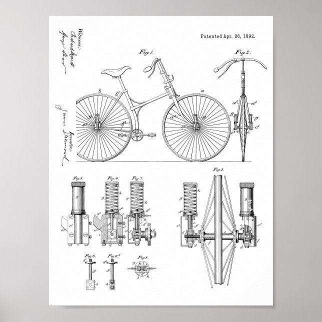1892 Bicycle Suspension Design Patent Art Print (Front)