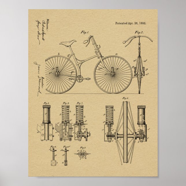 1892 Bicycle Suspension Design Patent Art Print (Front)