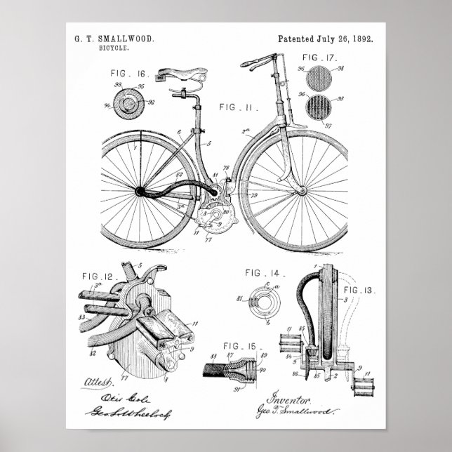 1892 Chainless Bicycle Patent Art Drawing Print (Front)