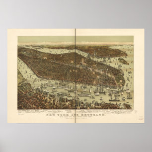 1892 New York & Brooklyn Birds Eye Panoramic Map Poster