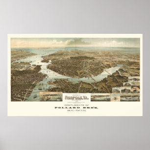 1892 Norfolk, VA Bird's Eye View Panoramic Map Poster