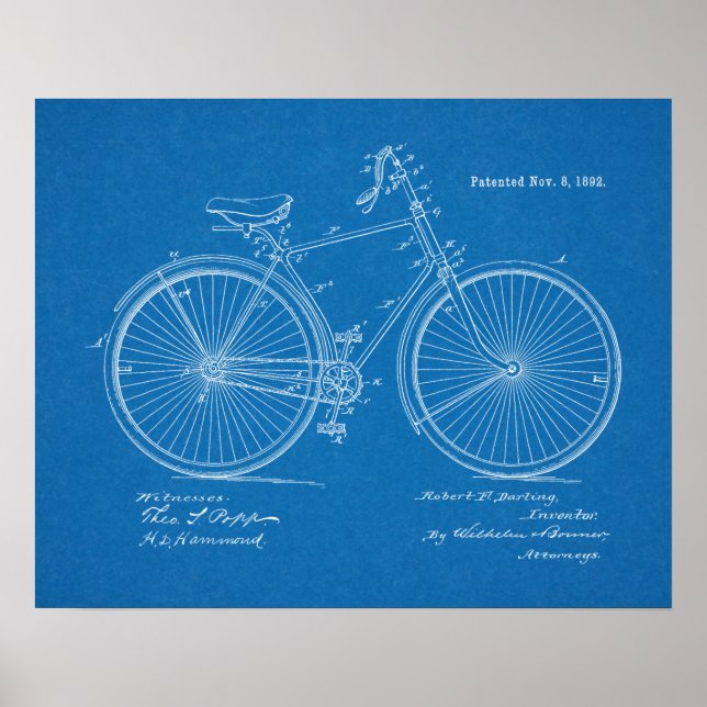 1892 Vintage Bicycle Patent Blueprint Art Print (Front)