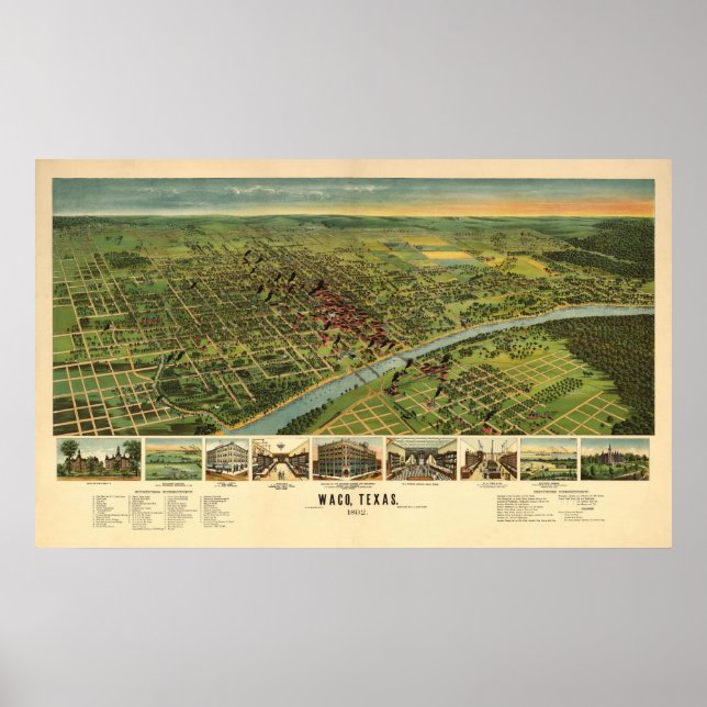 1892 Waco, TX Bird's Eye View Panoramic Map Poster (Front)
