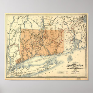 1893 Connecticut Railroads Map, Vintage Poster