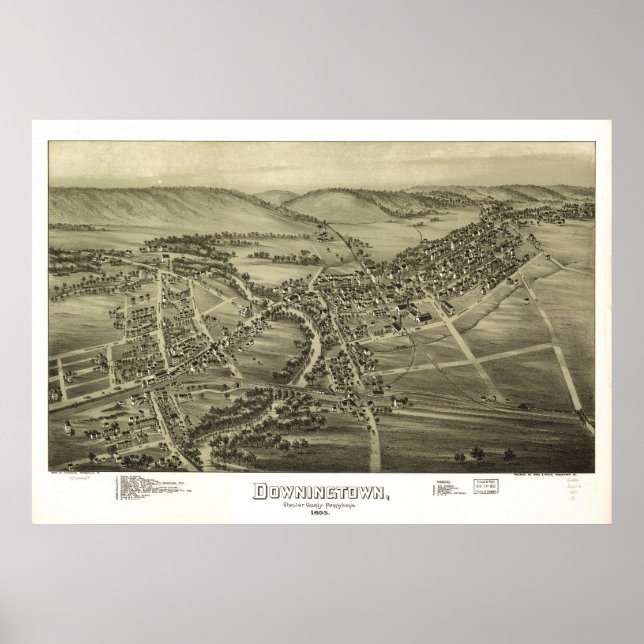 1893 Downingtown, PA Birds Eye View Panoramic Map Poster (Front)