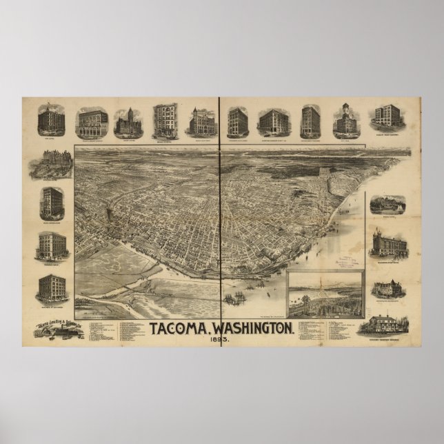 1893 Tacoma, WA Birds Eye View Panoramic Map Poster (Front)