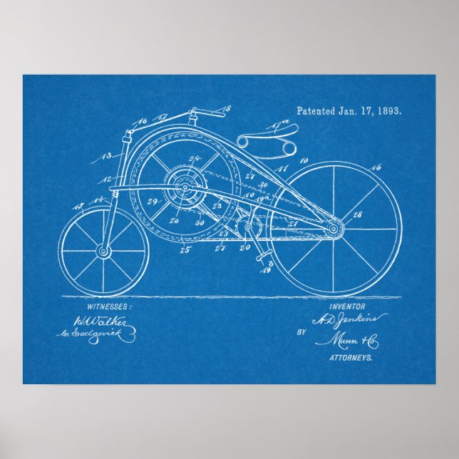 1893 Vintage Bicycle Patent Blueprint Art Print (Front)