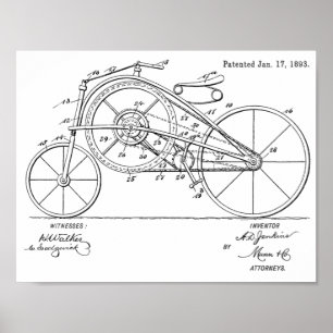 1893 Vintage Large Gear Bicycle Patent Art Print