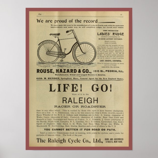 1893 Vintage Rudge Bicycle Magazine Ad Art Poster (Front)