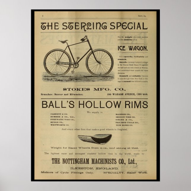 1893 Vintage Sterling Bicycle Magazine Ad Poster (Front)