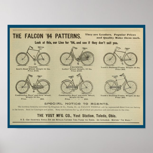 1893 Vintage Yost Bicycle Magazine Ad Art Poster (Front)