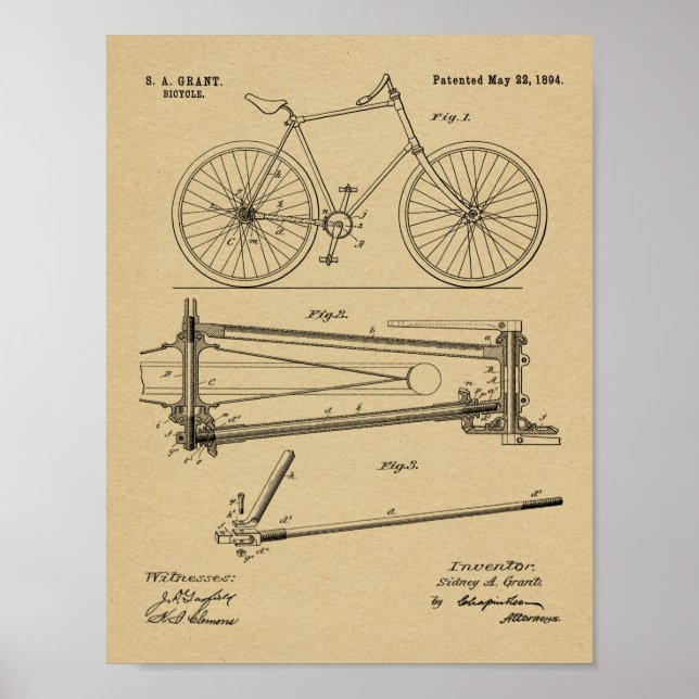 1894 Chainless Bicycle Design Patent Art Print (Front)