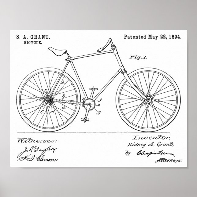1894 Chainless Shaft Drive Bicycle Patent Print (Front)