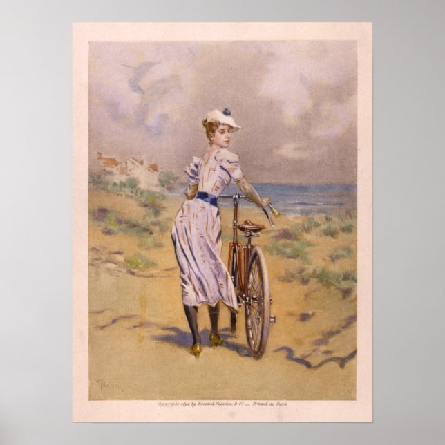 1894 Colour Bicycle Ad Art Print Girl Beach (Front)