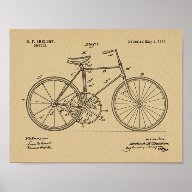 1894 Gear Drive Bicycle Design Patent Art Print (Front)